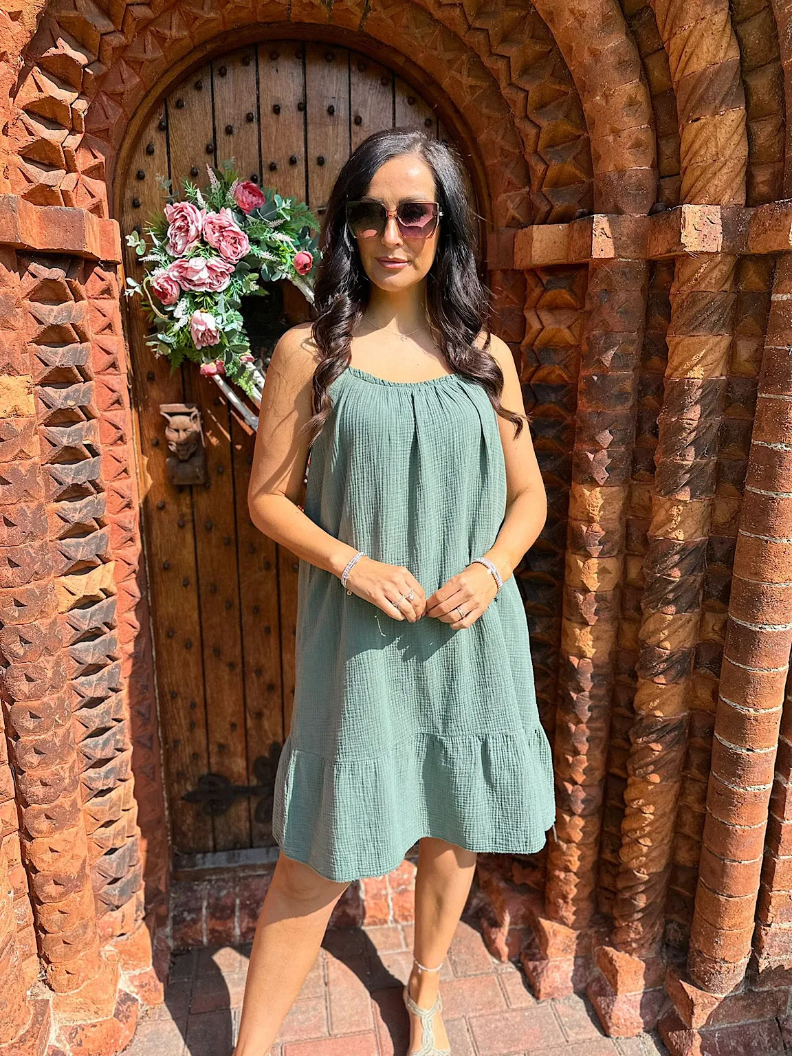 Khaki Bubble Cotton Dress with Strappy Detail - Isla