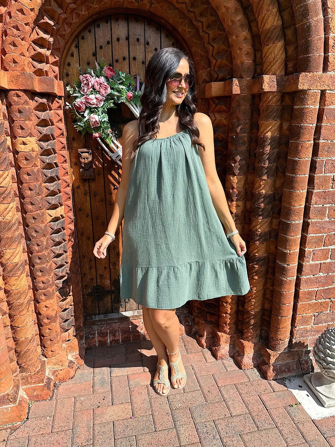 Khaki Bubble Cotton Dress with Strappy Detail - Isla