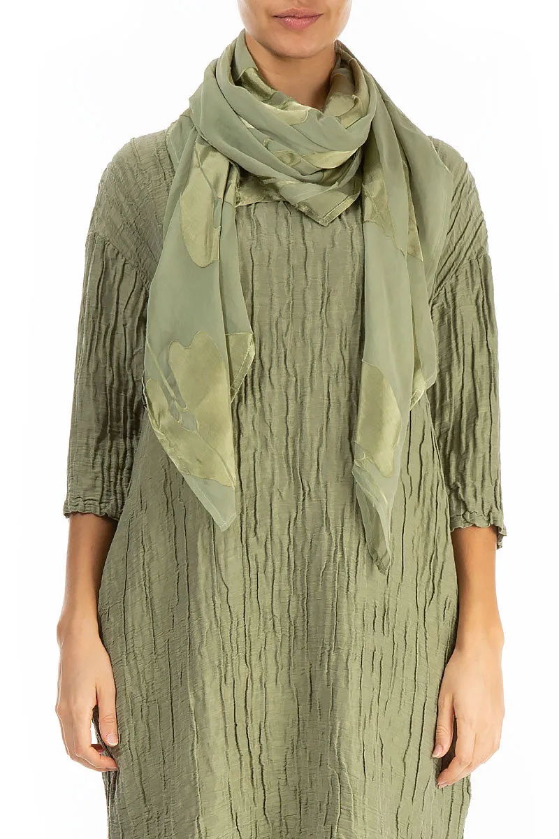 Khaki Silk Scarf with Leaf Print