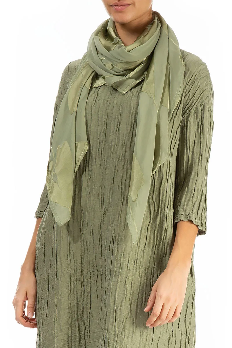 Khaki Silk Scarf with Leaf Print