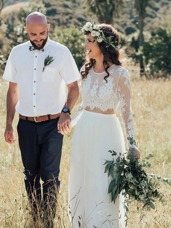 Lace Top Long Sleeve Ivory Chiffon Wedding Dress