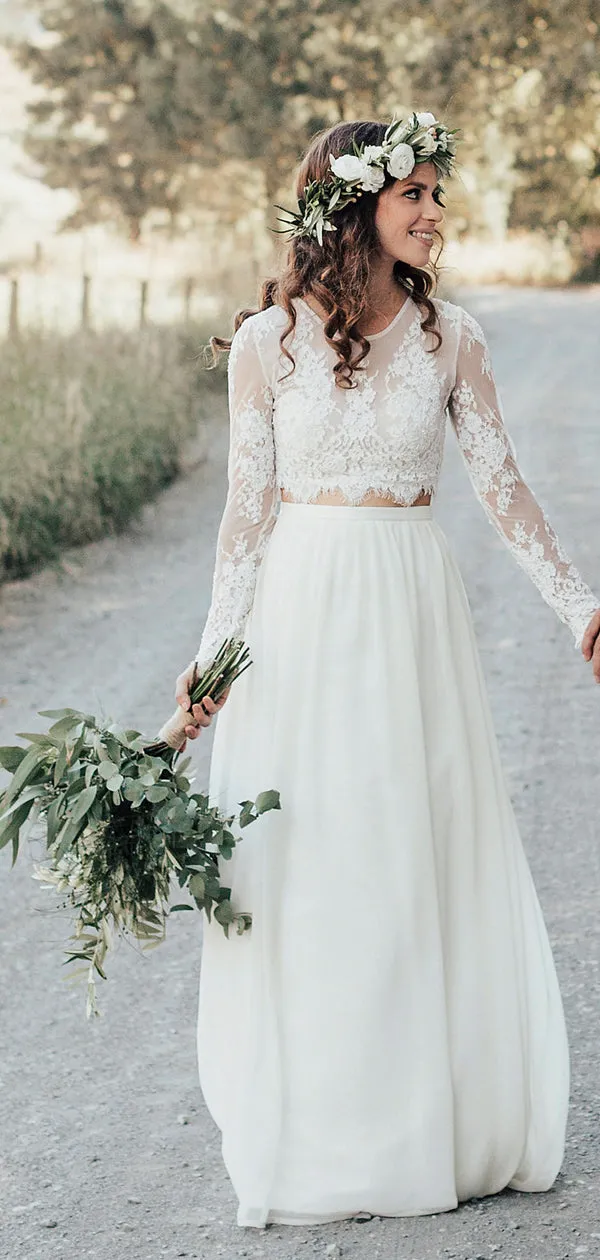 Lace Top Long Sleeve Ivory Chiffon Wedding Dress