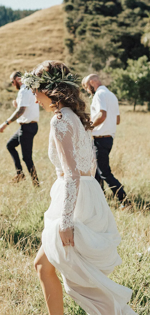 Lace Top Long Sleeve Ivory Chiffon Wedding Dress