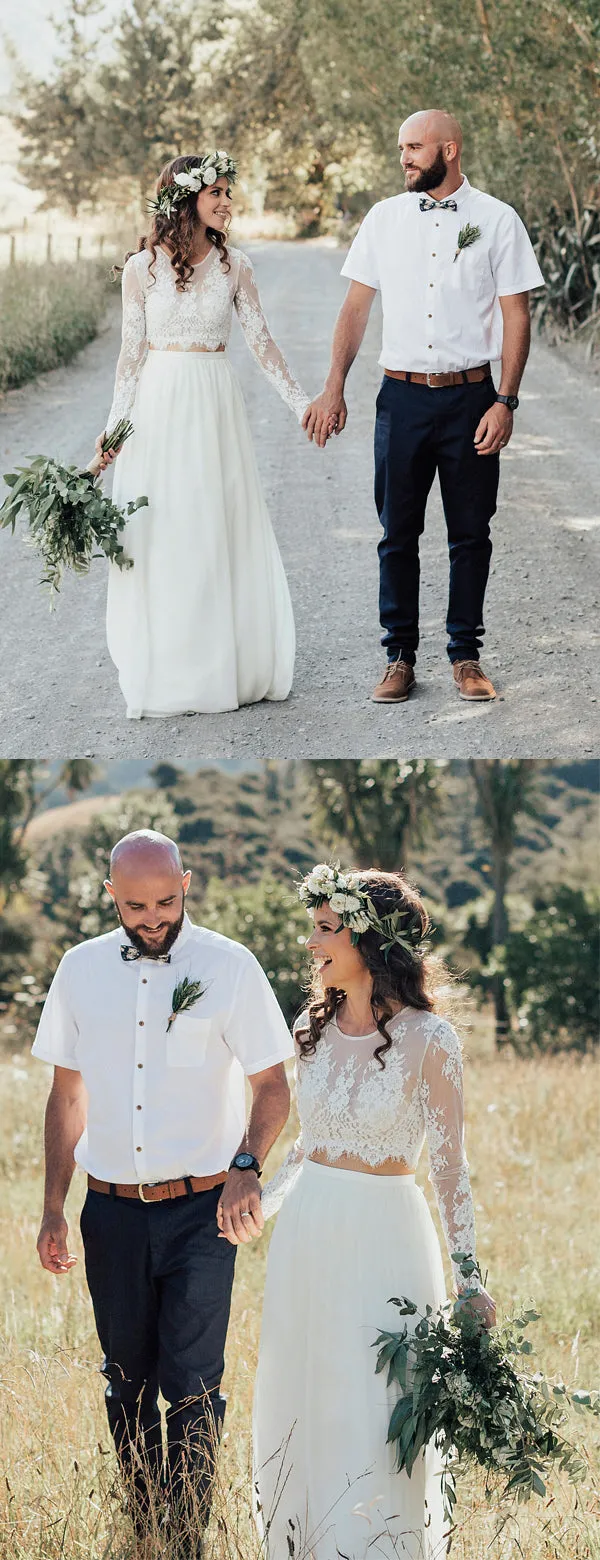 Lace Top Long Sleeve Ivory Chiffon Wedding Dress