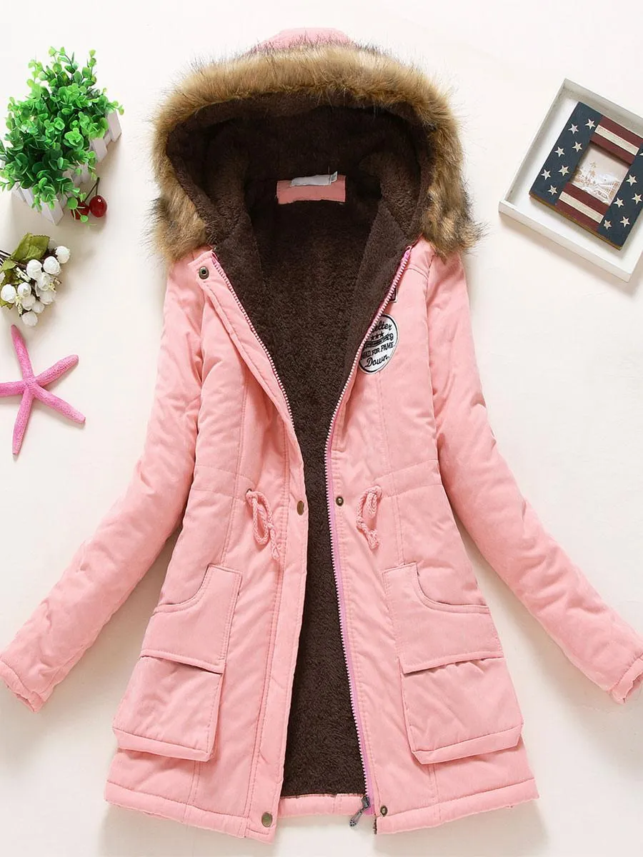 Light Pink Women's Winter Coat with Hood - Cotton Outerwear.