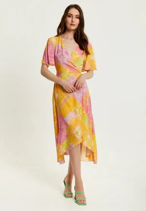 Yellow and Pink Paisley Print Midi Wrap Dress by Liquorish