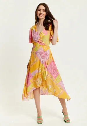 Yellow and Pink Paisley Print Midi Wrap Dress by Liquorish