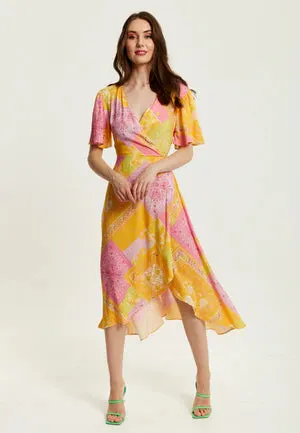 Yellow and Pink Paisley Print Midi Wrap Dress by Liquorish