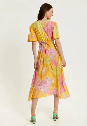 Yellow and Pink Paisley Print Midi Wrap Dress by Liquorish