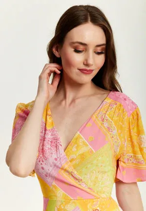 Yellow and Pink Paisley Print Midi Wrap Dress by Liquorish