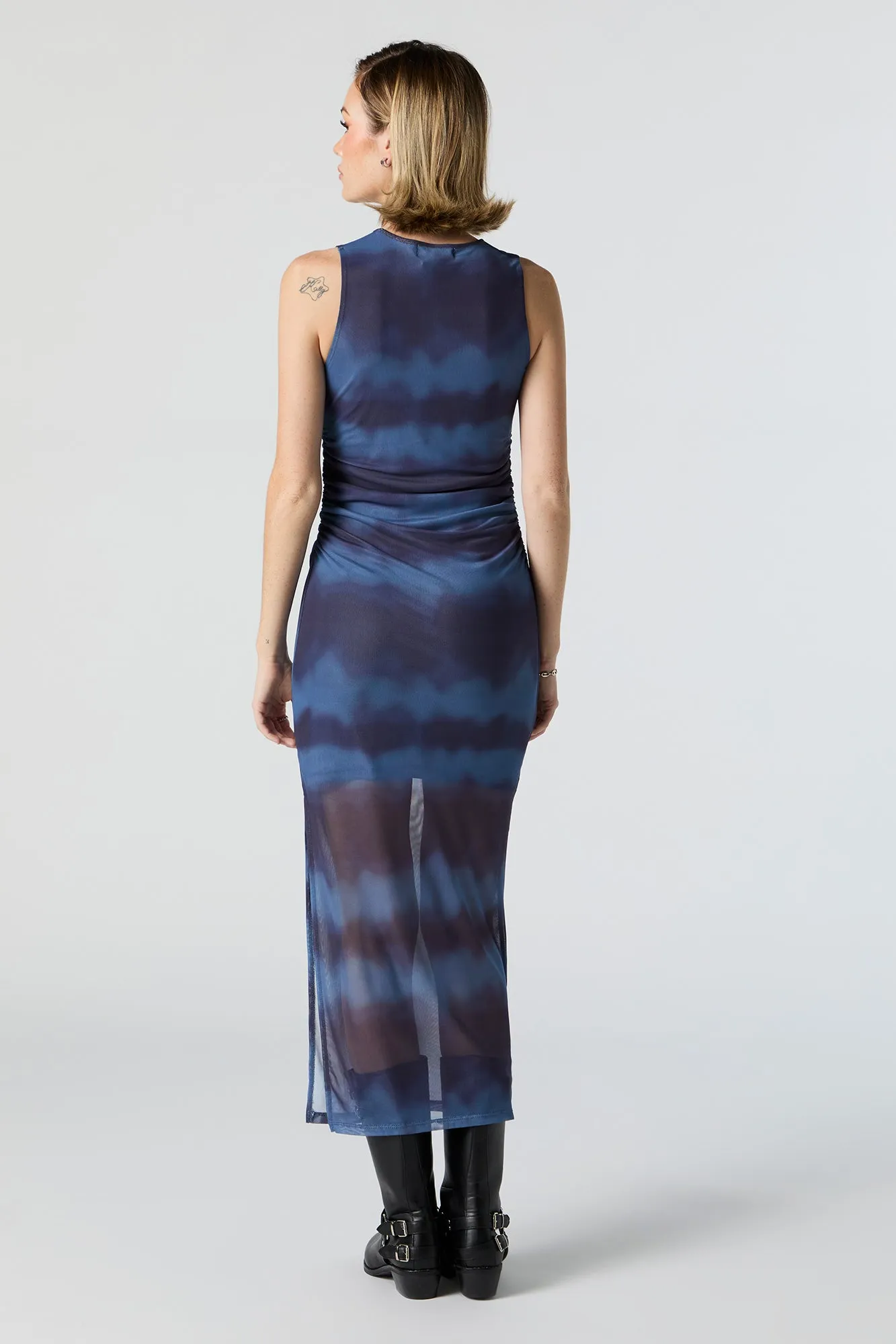 Mesh Sleeveless Blue Printed Midi Dress