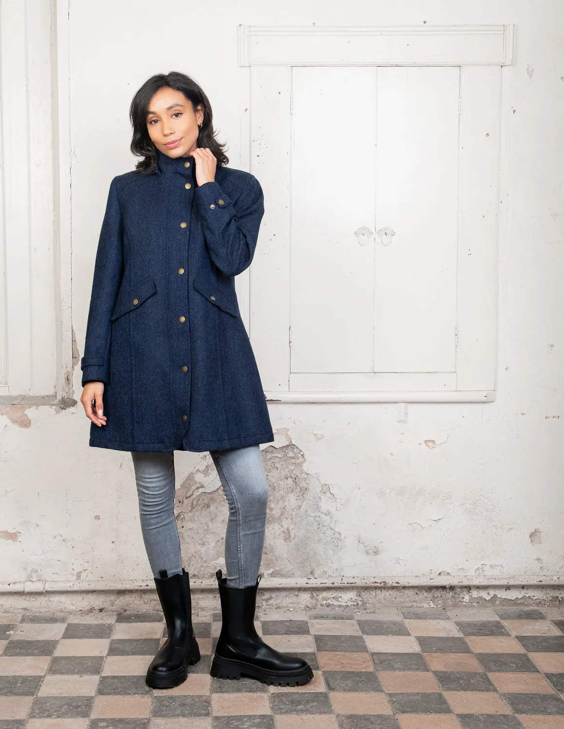 Navy Herringbone Abbie Tweed Coat