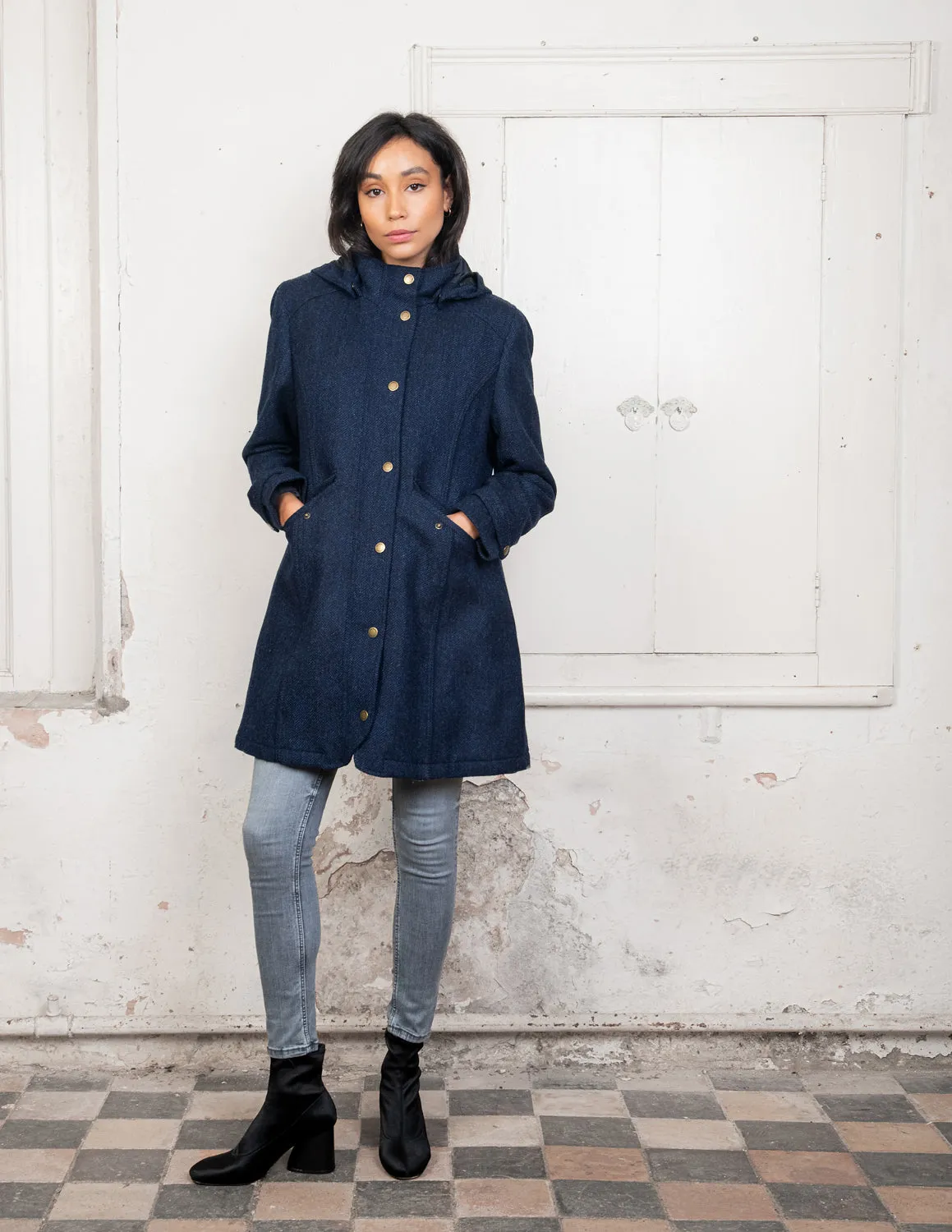 Navy Herringbone Abbie Tweed Coat