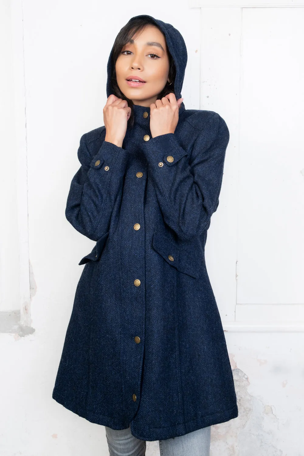 Navy Herringbone Abbie Tweed Coat