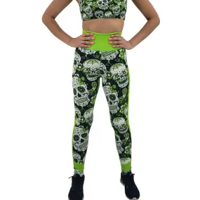 Neon Green Sugar Skull Print Leggings