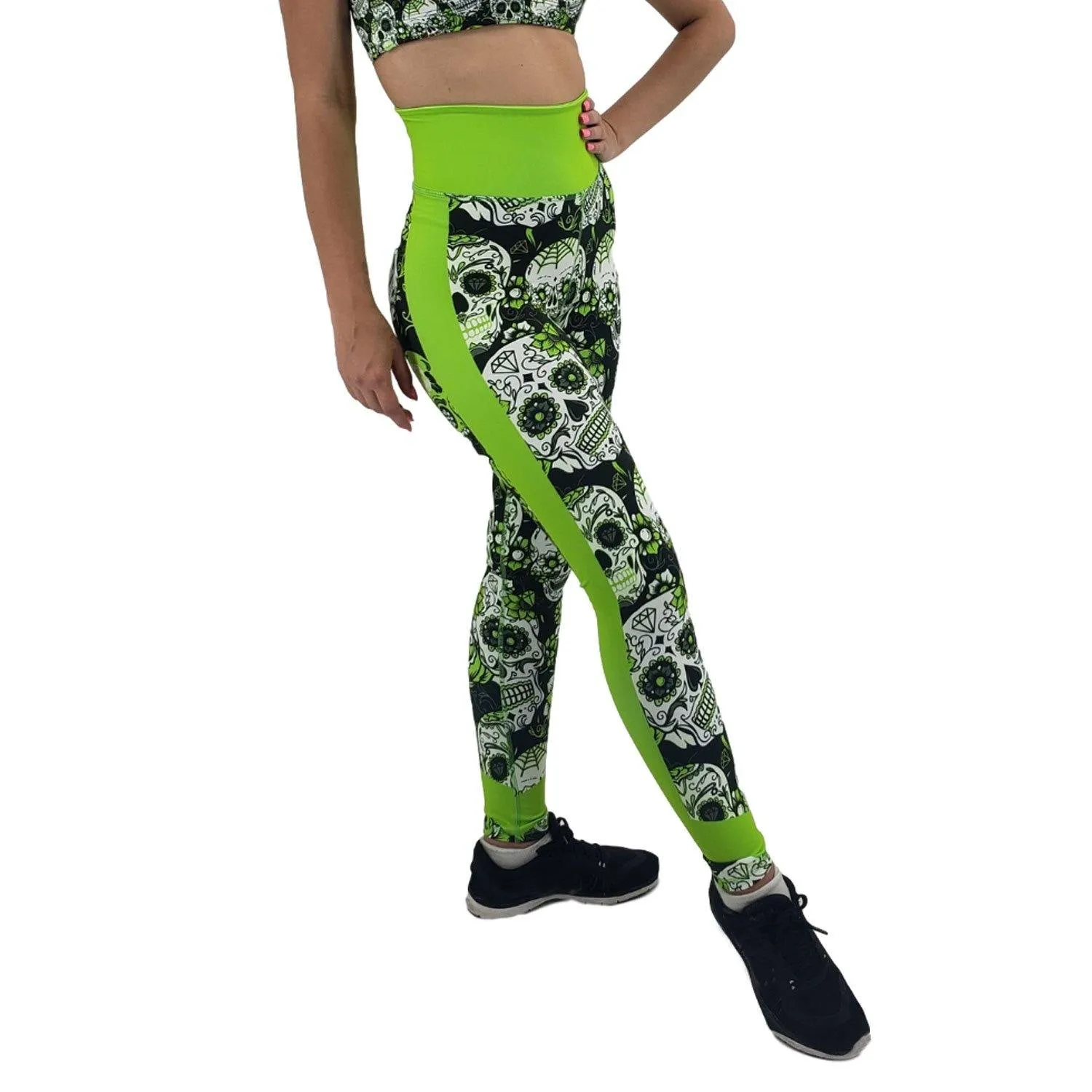 Neon Green Sugar Skull Print Leggings