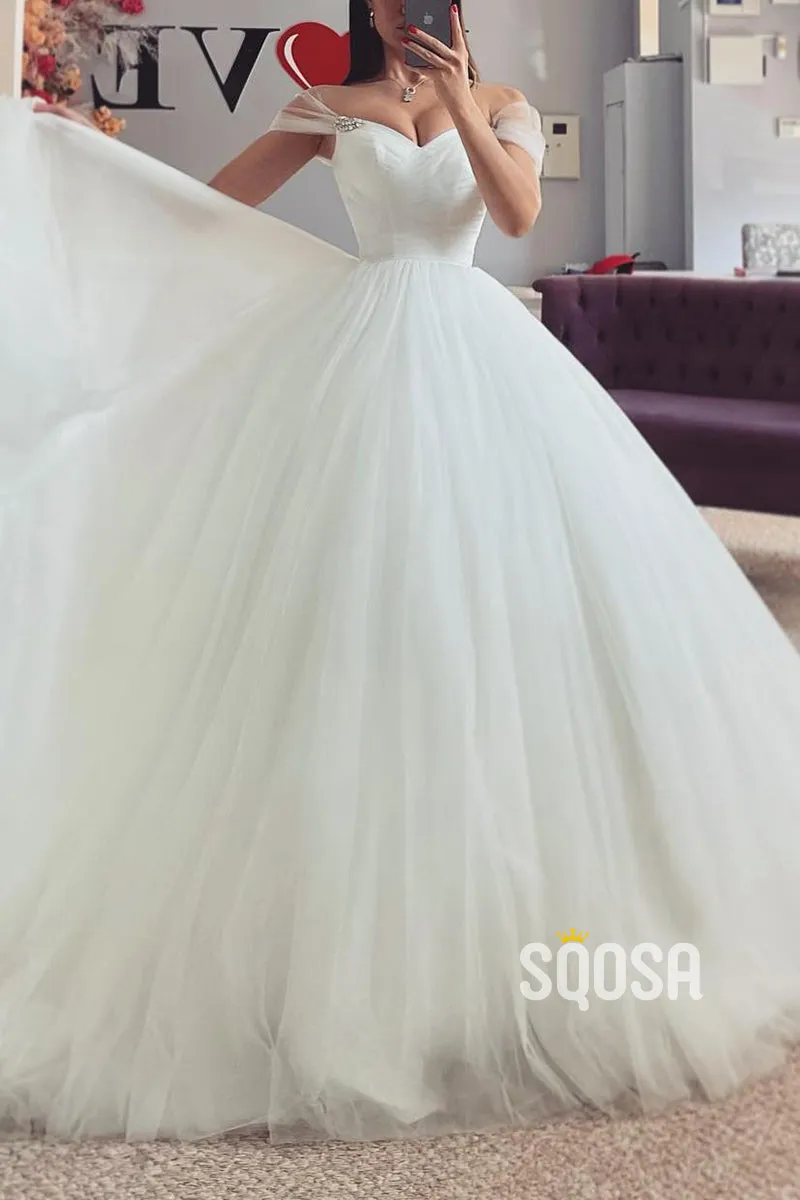 Off-Shoulder A-Line Tulle Wedding Dress with Train - QW8173