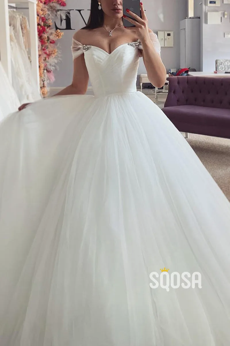 Off-Shoulder A-Line Tulle Wedding Dress with Train - QW8173