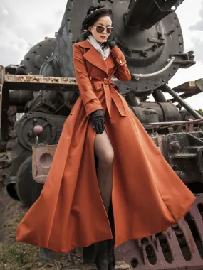 Orange Red V Neck Long Sleeves Sash Stretch Full Length Coat for Women