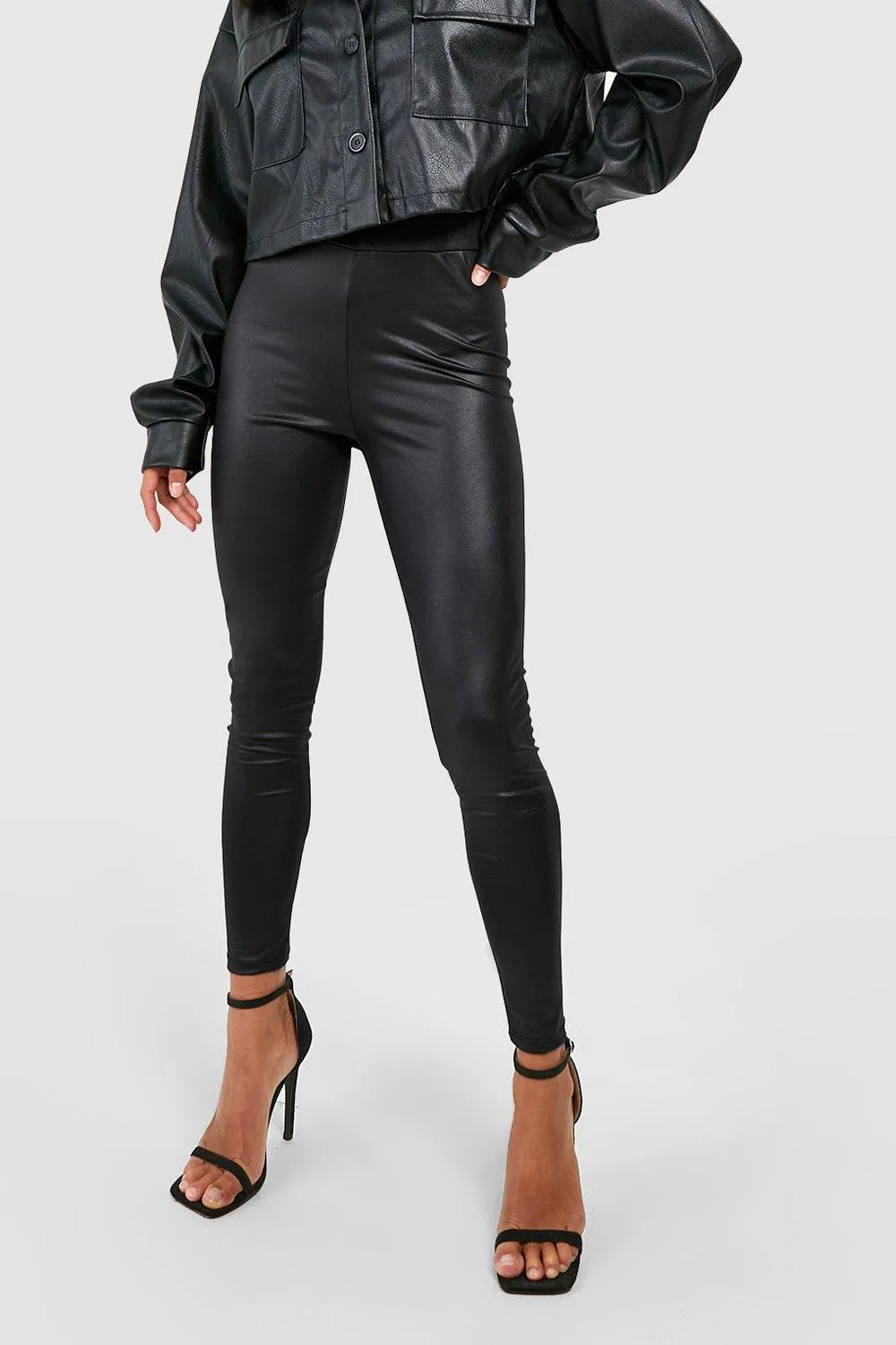 Petite High Waist Wet Look Leggings | Shop Now at boohoo