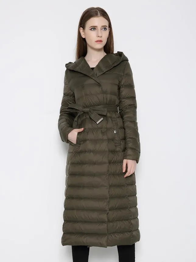 Quilted Hooded Down Coat with Belt for Women - Winter Outerwear