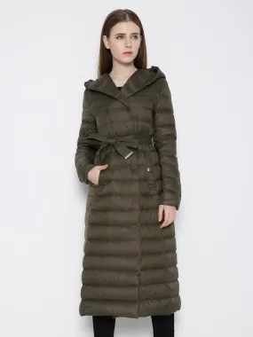 Quilted Hooded Down Coat with Belt for Women - Winter Outerwear