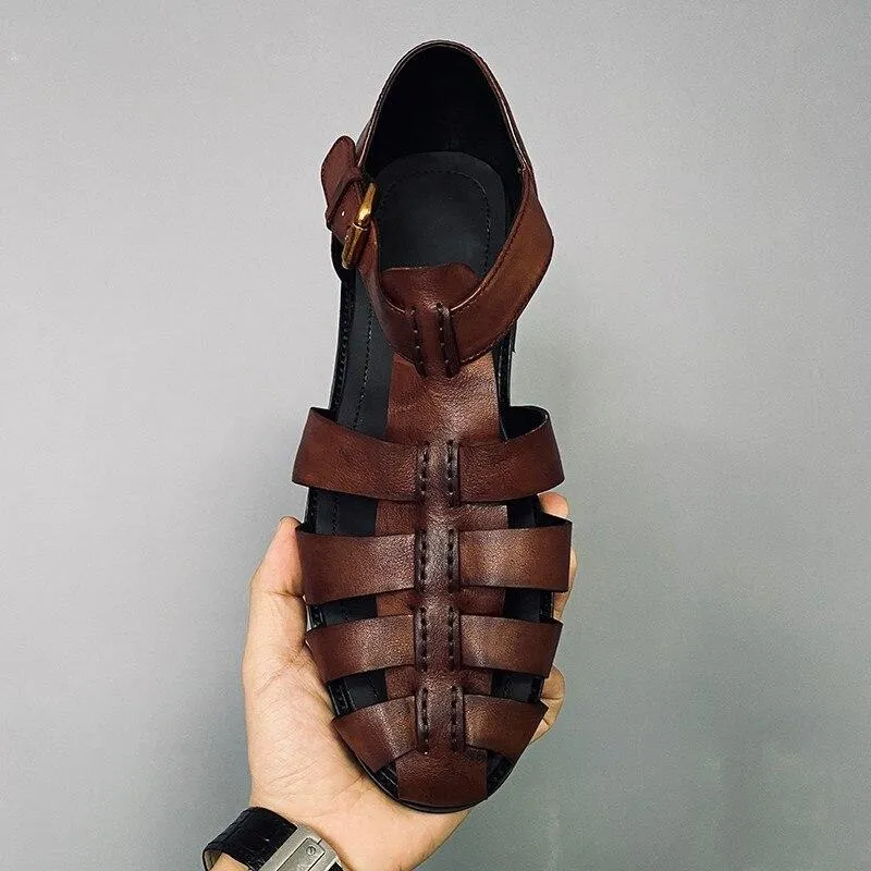 Retro Rome Style Leather Men's Sandals - Plus Size Flat Handmade