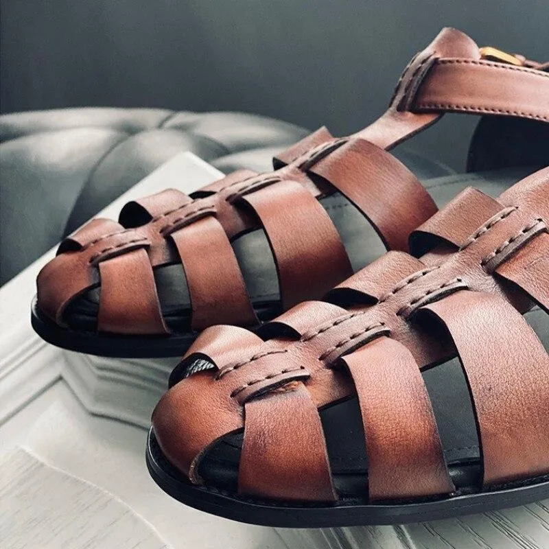 Retro Rome Style Leather Men's Sandals - Plus Size Flat Handmade