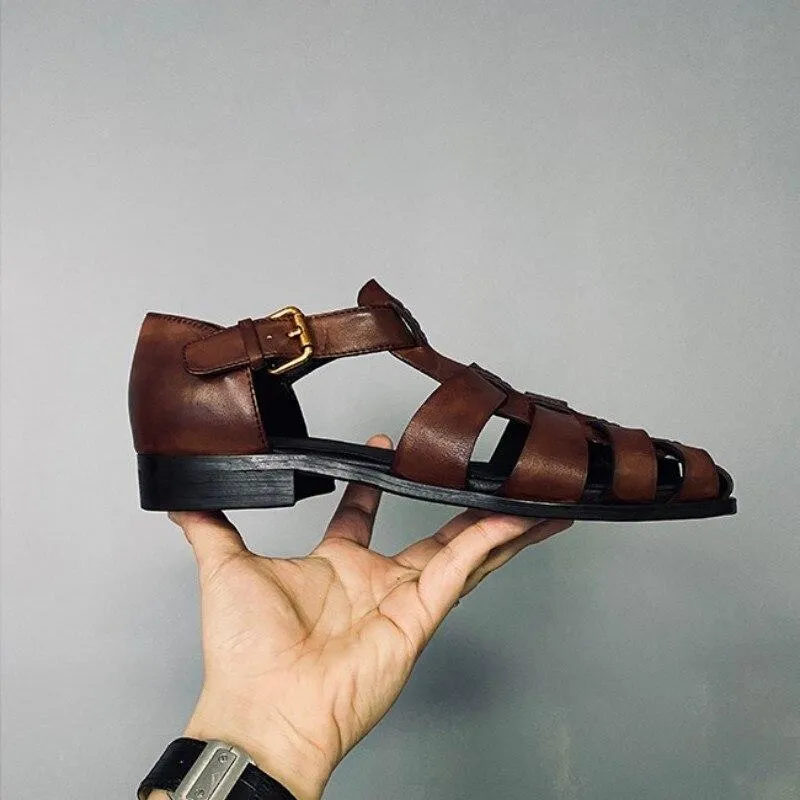 Retro Rome Style Leather Men's Sandals - Plus Size Flat Handmade