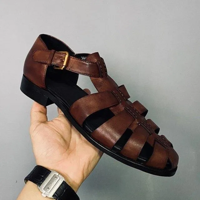 Retro Rome Style Leather Men's Sandals - Plus Size Flat Handmade