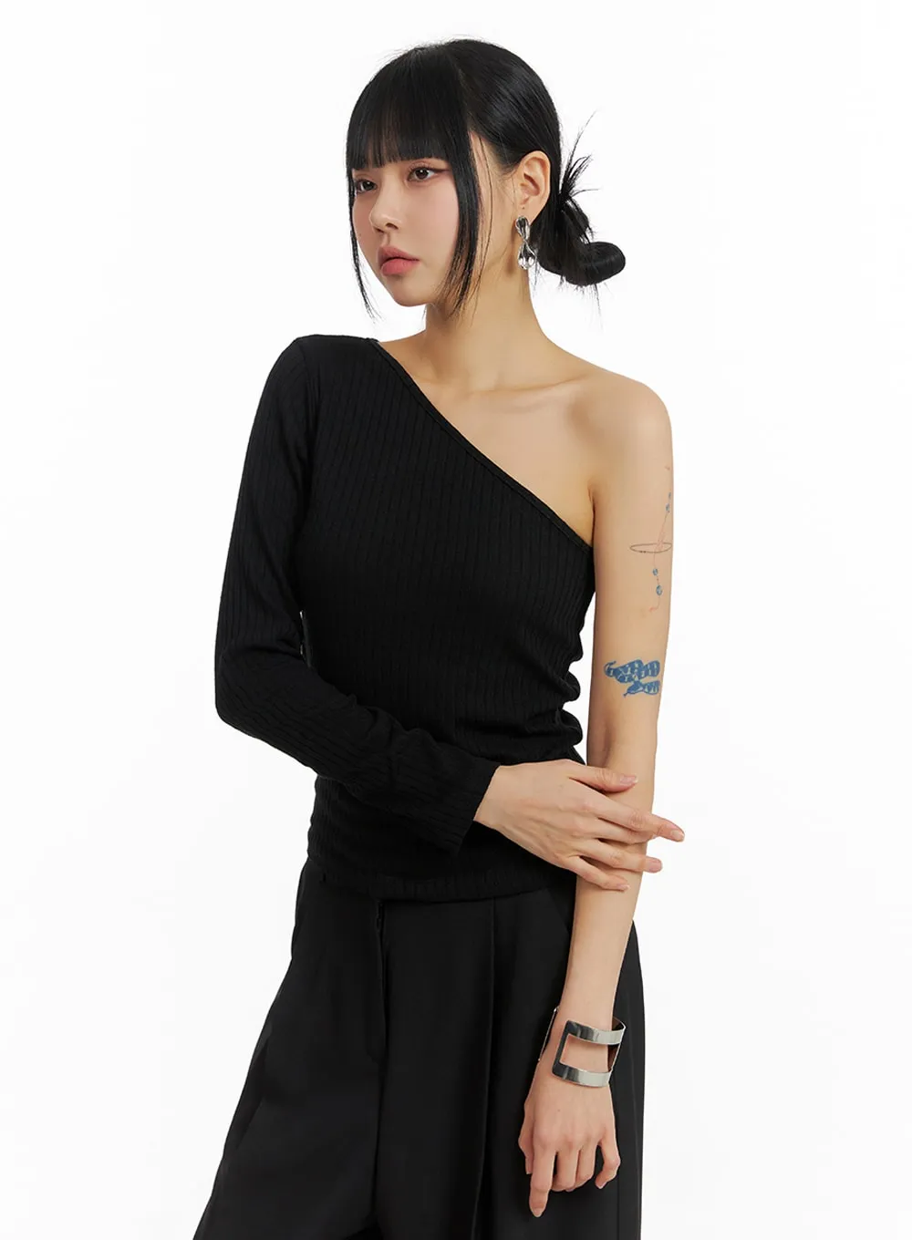 Solid One Shoulder Top, Knit Fabric, Style IM414