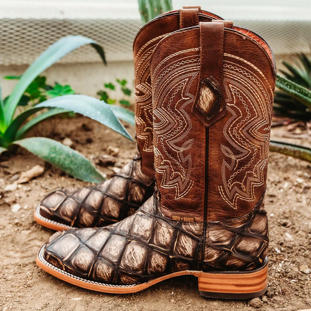 Soto Boots Men's Tan Cowboy Boots with Pirarucu Print - Style H50033