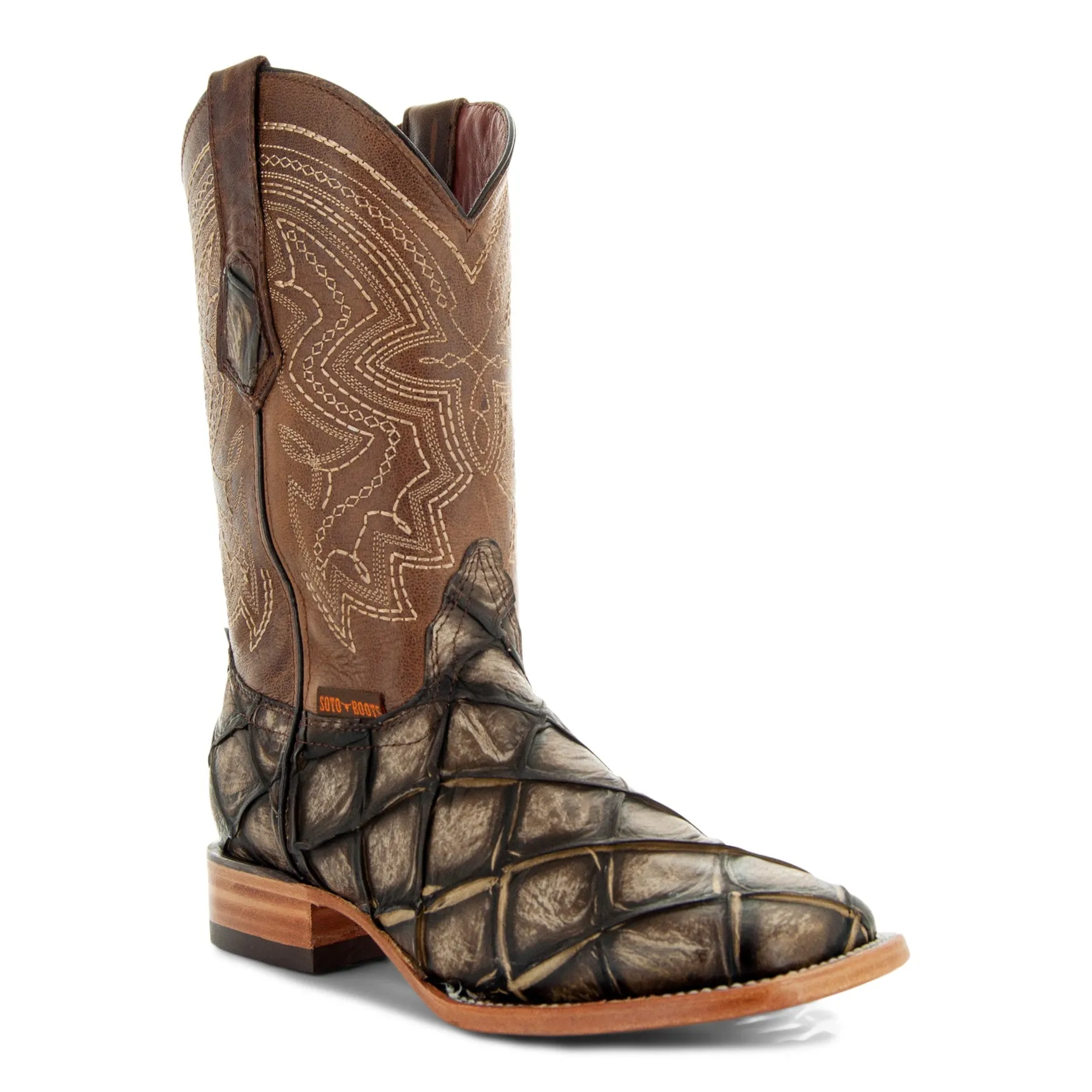 Soto Boots Men's Tan Cowboy Boots with Pirarucu Print - Style H50033