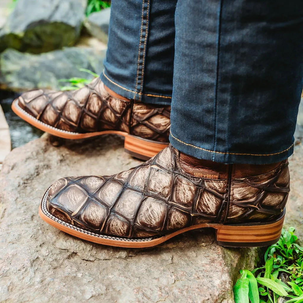 Soto Boots Men's Tan Cowboy Boots with Pirarucu Print - Style H50033