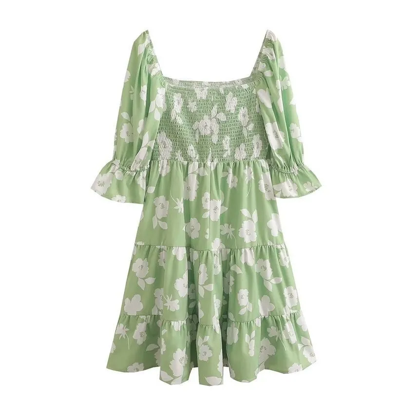 Square Neck Floral Mini A-Line Dress - Elbow-Sleeve - Style aa26.