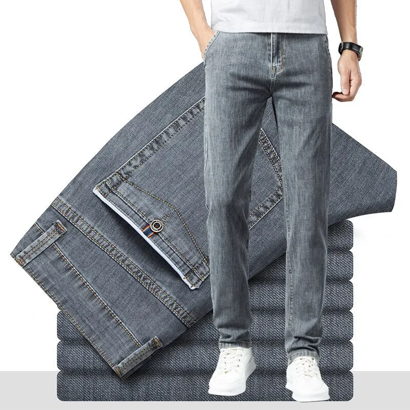 Stretchy Striped Straight Leg Men's Jeans for Spring and Autumn