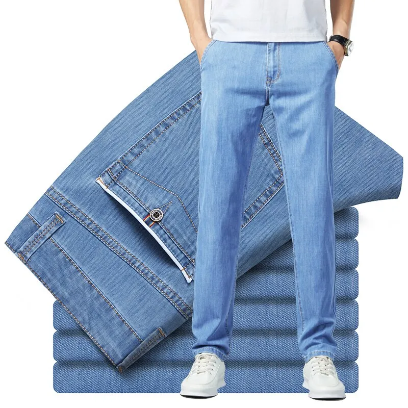 Stretchy Striped Straight Leg Men's Jeans for Spring and Autumn