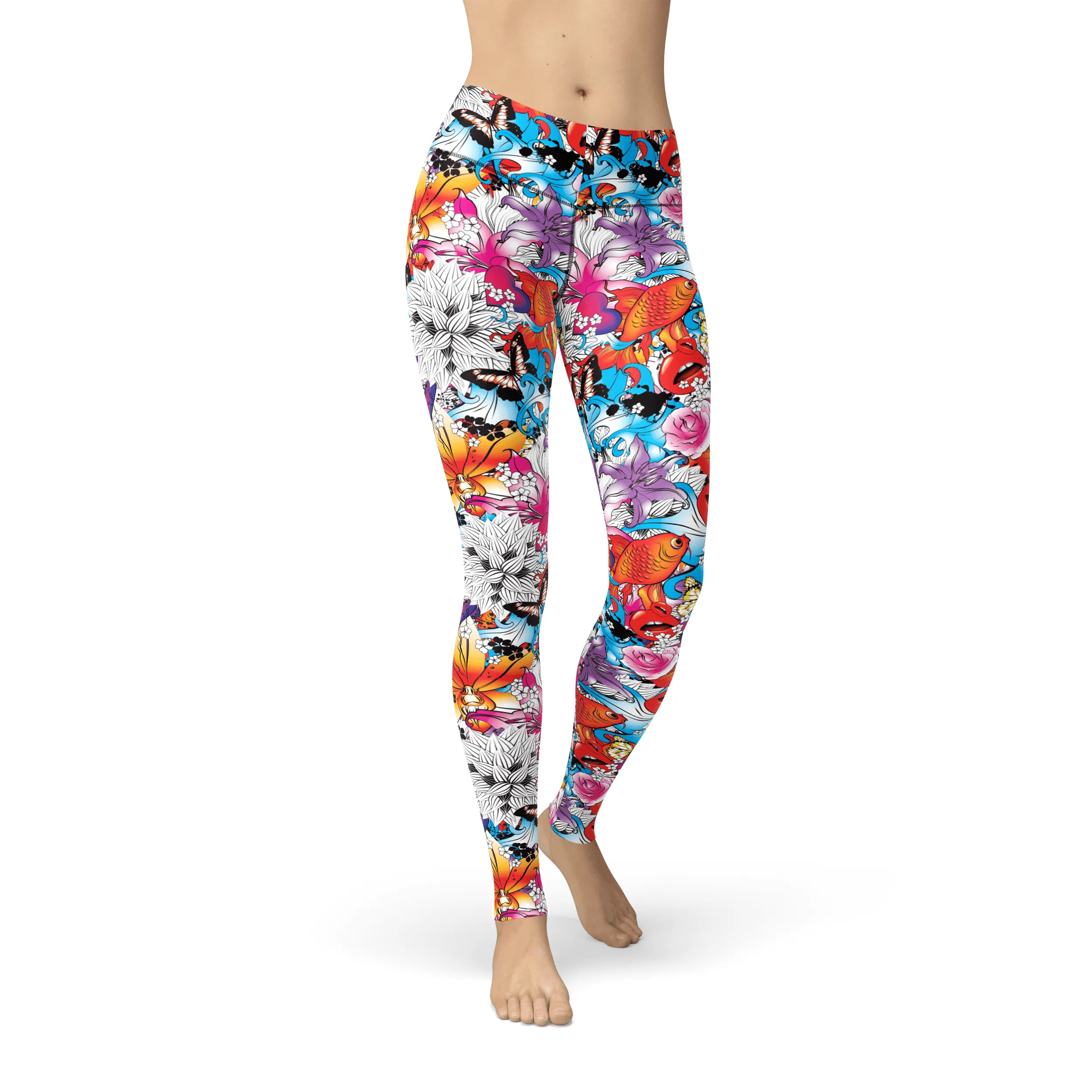 Tattoo Fish and Flowers Print Leggings