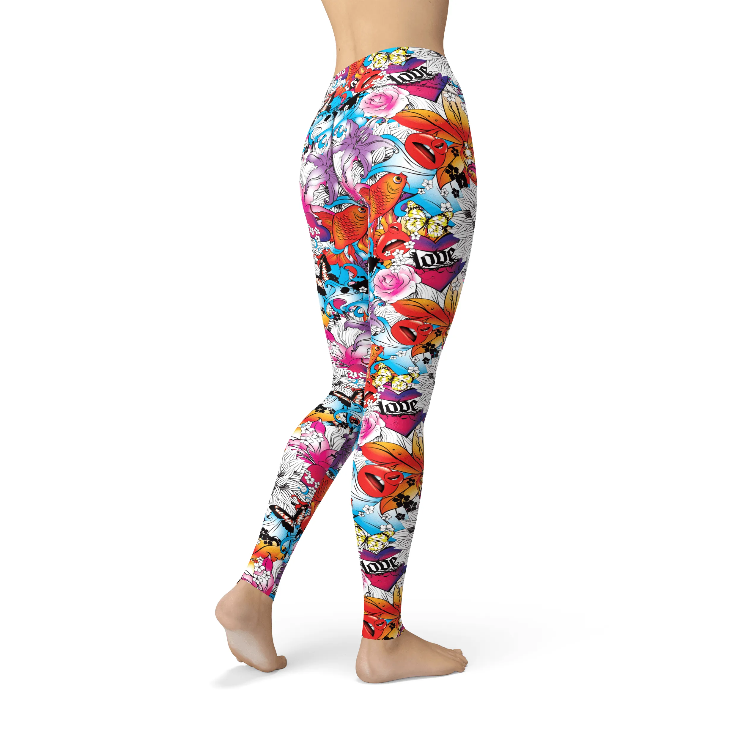 Tattoo Fish and Flowers Print Leggings