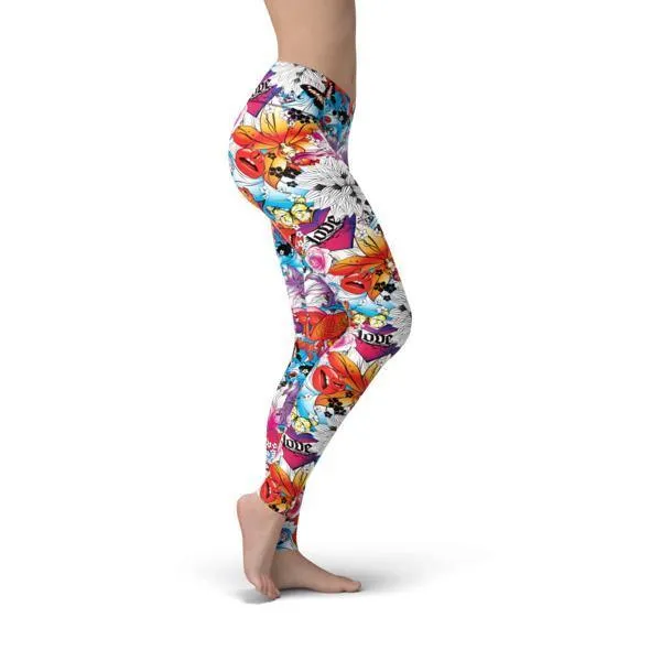 Tattoo Fish and Flowers Print Leggings