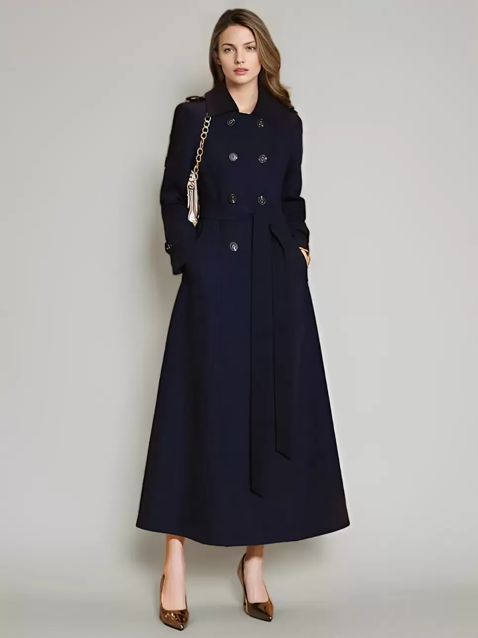 Trench Coat for Women with Turndown Collar, Buttons, and Full Length