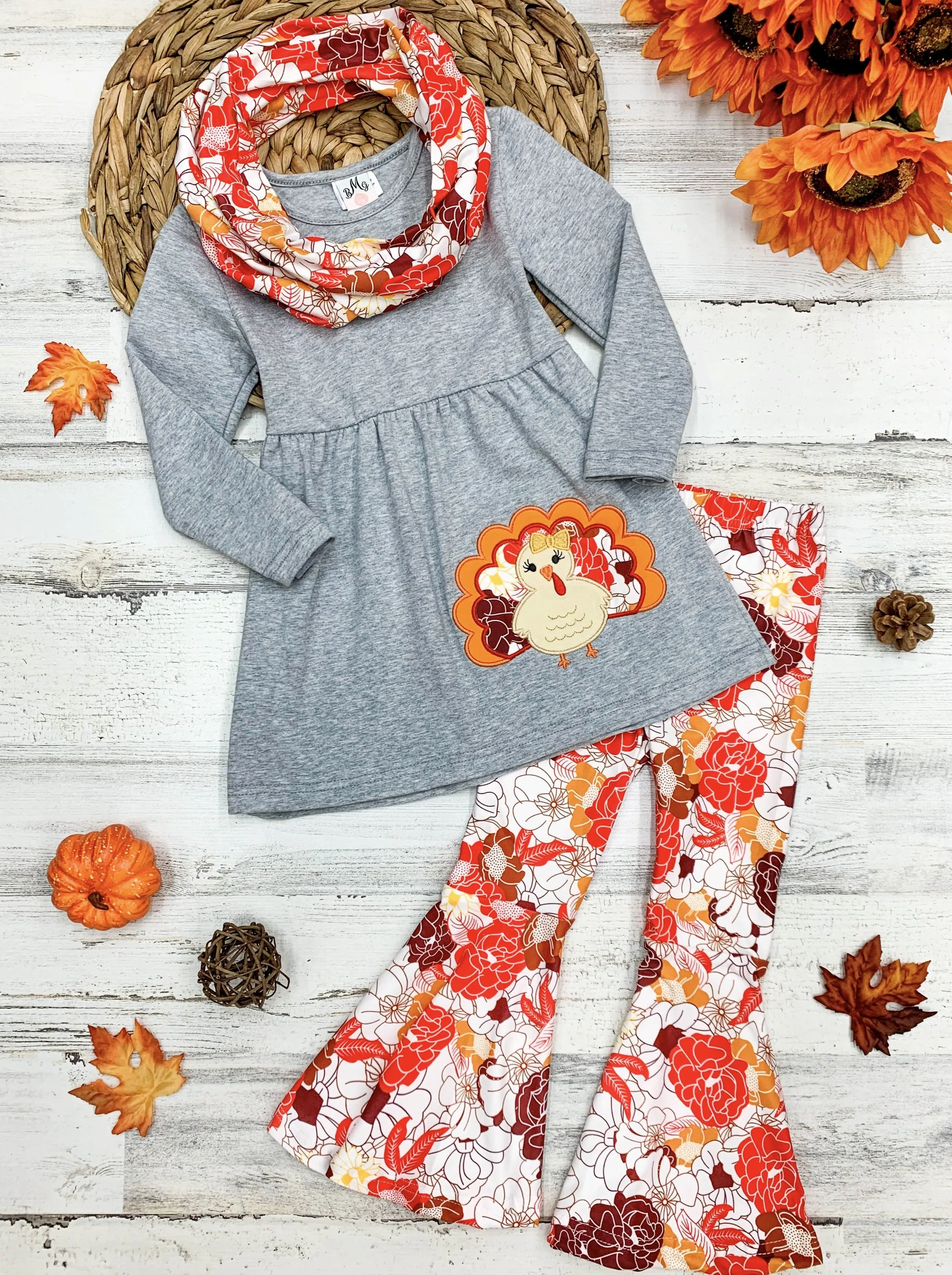 Turkey Tunic, Floral Leggings, Scarf Set for Girls