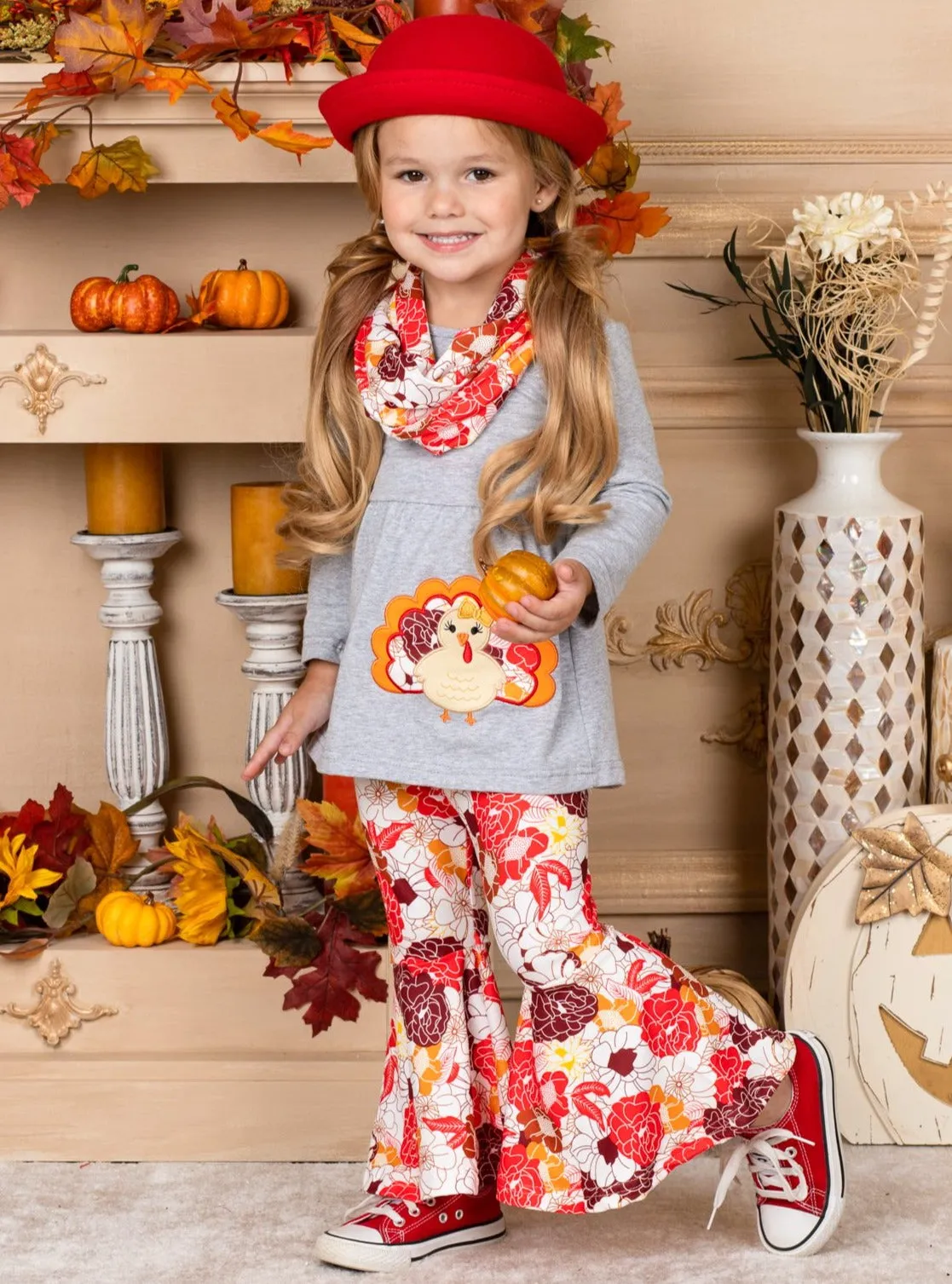 Turkey Tunic, Floral Leggings, Scarf Set for Girls