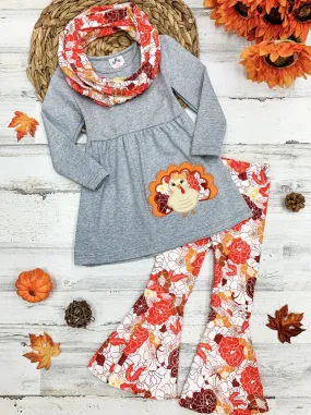 Turkey Tunic, Floral Leggings, Scarf Set for Girls