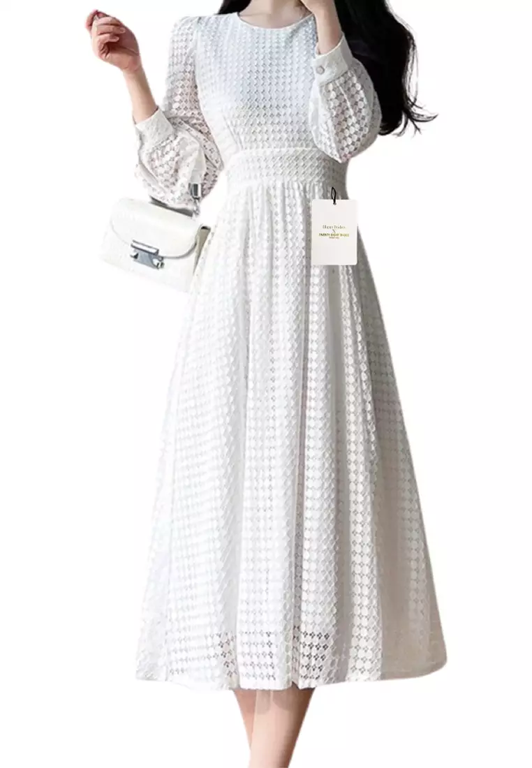 Twenty Eight Elegant Long Sleeve Solid Lace Dress SED882321BH335