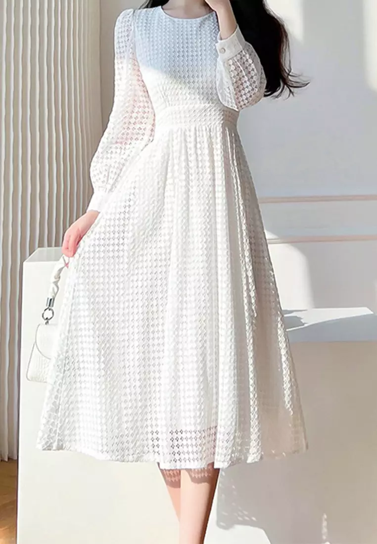 Twenty Eight Elegant Long Sleeve Solid Lace Dress SED882321BH335