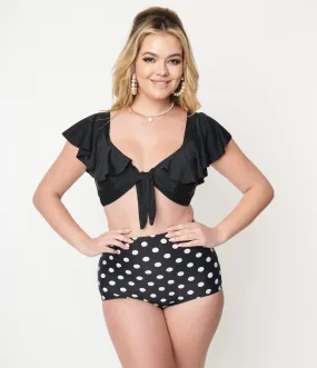 Unique Vintage Black Ruffled Cap Sleeve Frida Swim Top