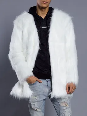 V Neck Men's Faux Fur Coat with Long Sleeve - Regular Fit - Long Coat