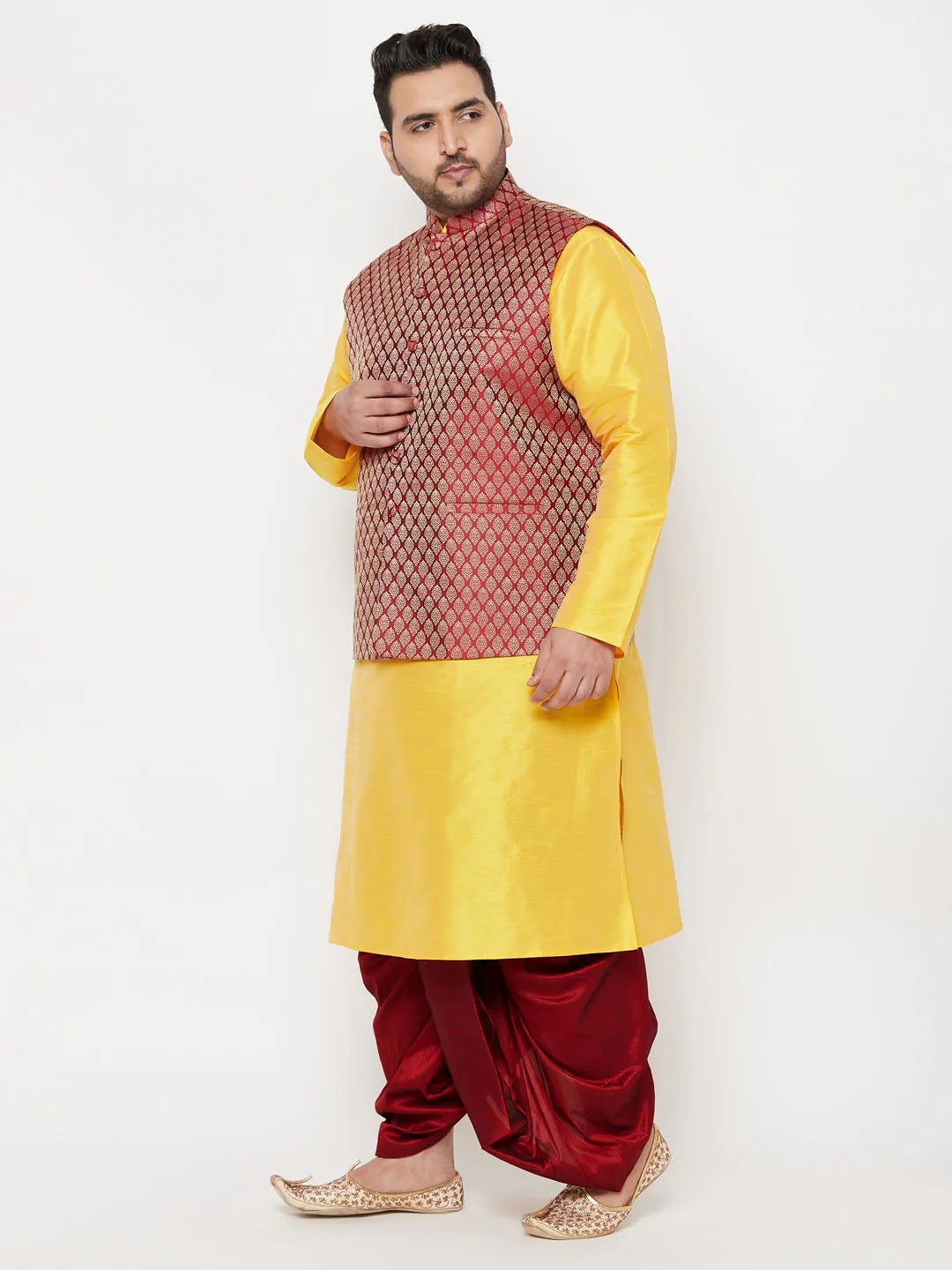 VASTRAMAY PLUS Men's Maroon Nehru Jacket Yellow Kurta Maroon Dhoti Set