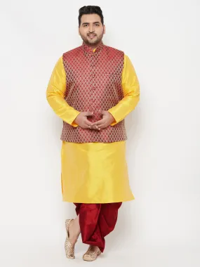 VASTRAMAY PLUS Men's Maroon Nehru Jacket Yellow Kurta Maroon Dhoti Set